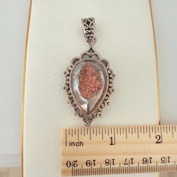 ✨ Vintage Sterling Silver Teardrop Copper/Rose Colored Druzy Pendant ✨ - Picture 9 of 10